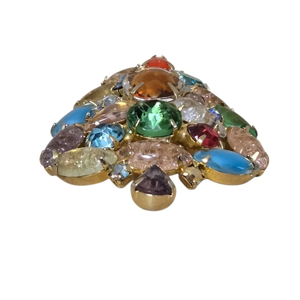 Multi Colored Crackle Glass Givre Fruit Salad Christmas Tree Brooch Pin Vtg